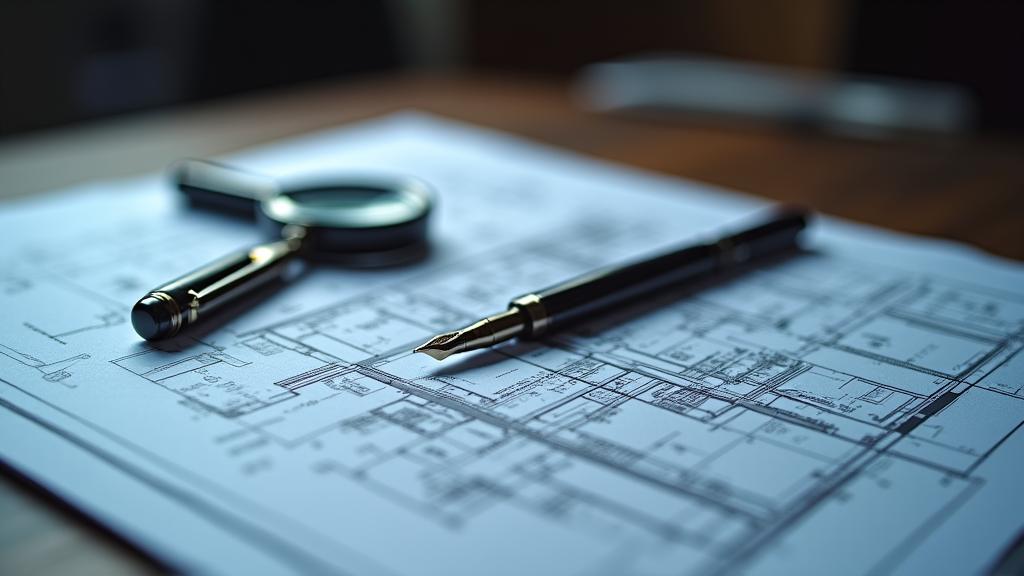 Close-up of a blueprint with a magnifying glass and legal pen