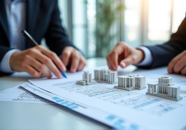 Professional legal consultation with architectural models in background