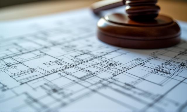 Architectural blueprints and a legal gavel