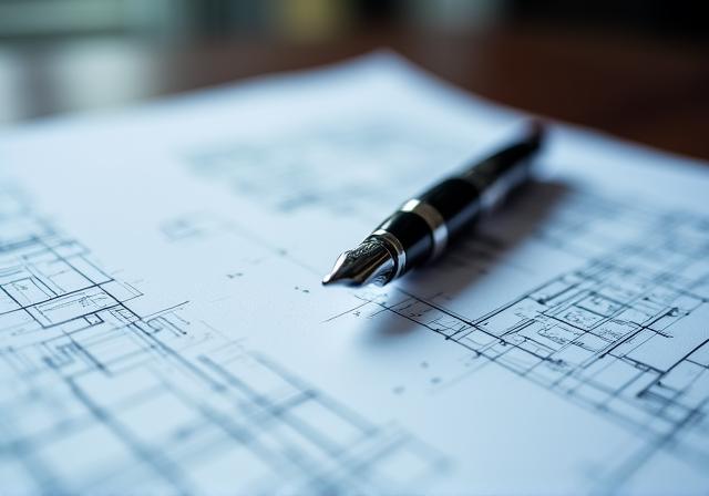 Architectural blueprints overlaid with a legal fountain pen